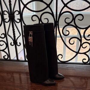 Givenchy Black Leather Tall Shark Boot with Silver Lock Charm